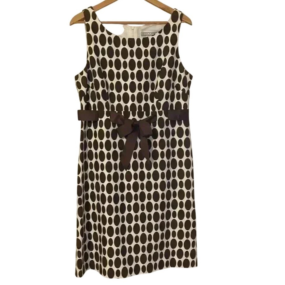 Cream Sleeveless Sheath Brown Polka Dot Belted Dress‎ Size 12